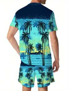 Ensemble de vacances hawaïennes 3D élégant pour hommes avec motif d'arbre de noix de coco, tenue décontractée en polyester imprimé, chemise à col rond à manches courtes et short, ensemble 2 pièces. - Couleurs mélangées - Voir 6