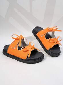 1 Pair Girls' Sweet Suede Bow Slide Sandals For Beach & Everyday Summer Use - Burnt Orange - View 2