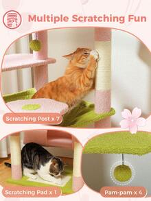 PAWZ Road 184 Cm Large Cat Tree, Cat Tower For Large Cats, Cat House With Sisal-Wrapped Scratching Posts And Padding, 2 Padded Resting Areas, Double House And Basket For Indoor Cats, Pink - Hồng - Xem 7