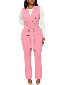 CALEBGAR Women's Business Suit 2 Piece Set, V Neck Sleeveless Belted Vest & Straight Leg Pants, Office Workwear Outfit - 粉色 - 查看 2
