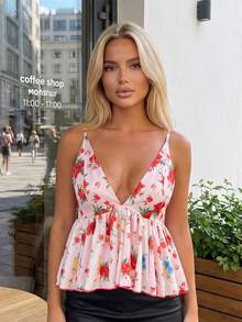Camiseta sin mangas Bodydoll floral para mujer, estilo veraniego, a la moda, con tirantes finos y escote en V. - Rosa - Ver 3