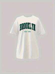 Camiseta de cuello redondo con estampado de letras de Brooklyn en tela poliester top casual de manga corta con hombros caídos, ropa de mujer - Blanco - Ver 5