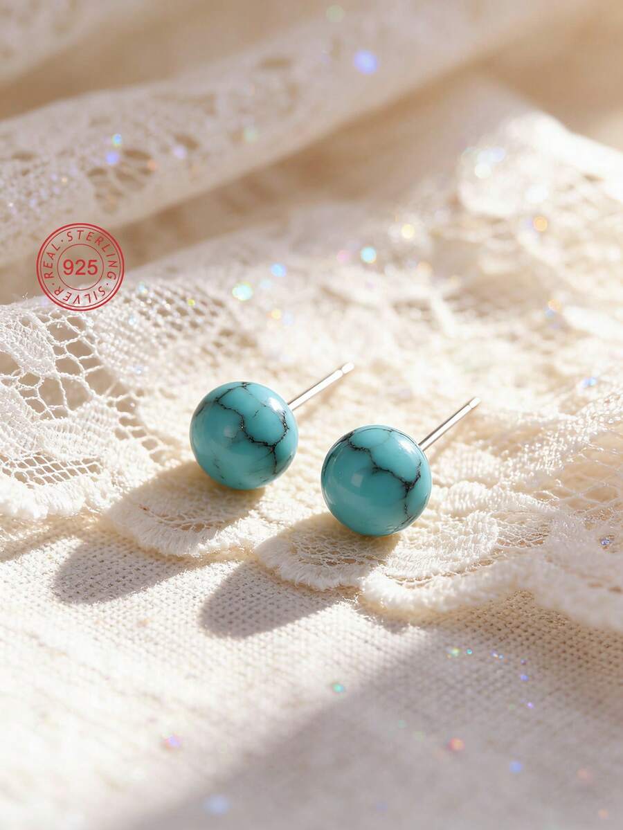 Artepollo 1 par de pendientes de turquesa, plata de ley 925 hipoalergénica, empaquetado en caja de regalo, adecuado para uso diario o vacaciones, regalo para fiestas - Azul - Ver 1