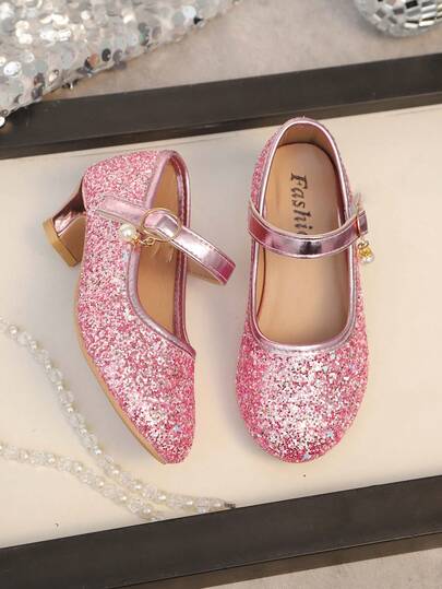 1 Pair Fuchsia Toddler/Little Girls' Fashion Glitter High Heel Shoes, Round Toe 2.5CM Chunky Heel, Non-Slip + Hook And Loop Design, Elegant Princess Style Dance Shoes Suitable For Students, Parties, Performances