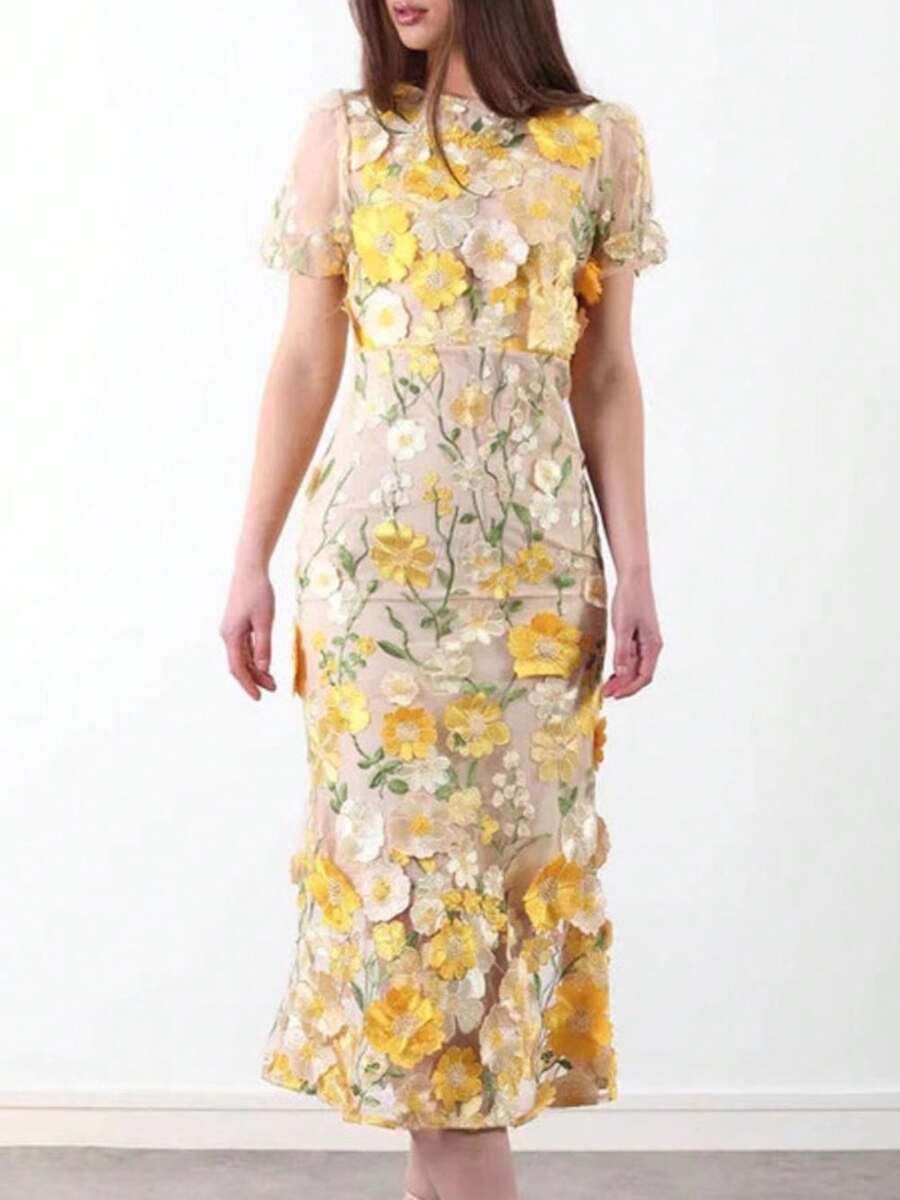 Fashionable Socialite With Elegant Temperament, Ladies With Light Luxury Round Neck Embroidery, Three-Dimensional Flower Bubble Sleeves, Mid Length Dress, Hip Hugging Skirt - 黃色 - 查看 1