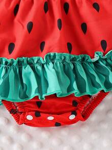 1pc Newborn Baby Cute Colorblock Polka Dot Suspender Ruffle Dress, Bohemian Vacation Style - Red - View 7