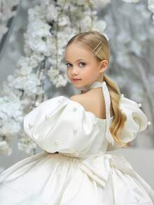 Rochie albă cu mâneci bufante și perle pentru petrecerea de absolvire, rochie elegantă de prințesă, potrivită pentru fete, petrecere de ziua de naștere, rochie formală pentru adolescente, rochie de mireasă pentru fete cu flori, sărbătoare - alb - Vizualizare 2