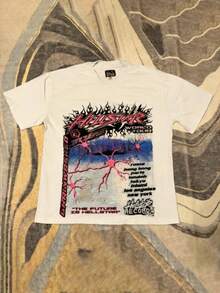 Plus Size Hellstars Brainwashed World Tour Y2K Graphic T-Shirt,220g 100% Cotton,Round Neck Short Sleeve,Cream Streetwear Essential,Unisex Style - 黑色 - 查看 1
