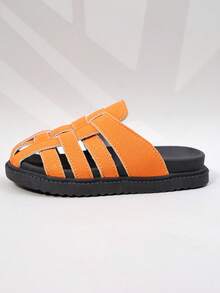 1双女童米色编织厚底防滑拖鞋，适合日常休闲穿着 - 亮橙色 - 查看 2