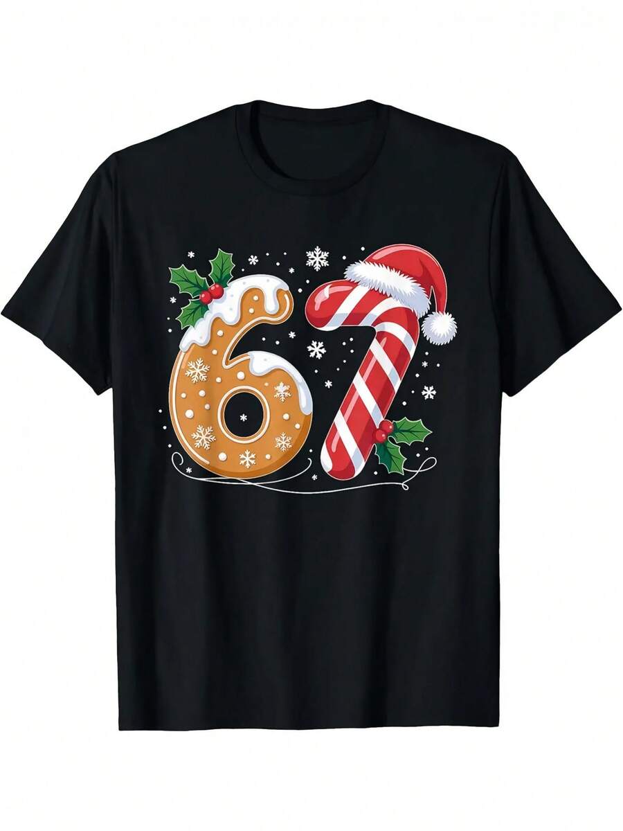 Funny 67 Meme T-Shirt - Casual Short Sleeve Crew Neck T-Shirt With 6-7 Print, Ideal For Christmas And Everyday Wear - Humorous Six-Seven Design T-Shirt, Casual Party Outfit For Men, 67 Print T-Shirt For Men, 2D Short Sleeve T-Shirt For Men - 黑色 - 查看 1