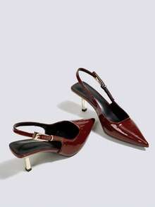 Women's Burgundy Patent Leather High Heel Sandals, Open Toe Party High Heels, Wedding Pumps, Kitten Heel Formal Shoes, Backless Ankle Strap Pointed Toe Slingback High Heels - Burgundy - View 4