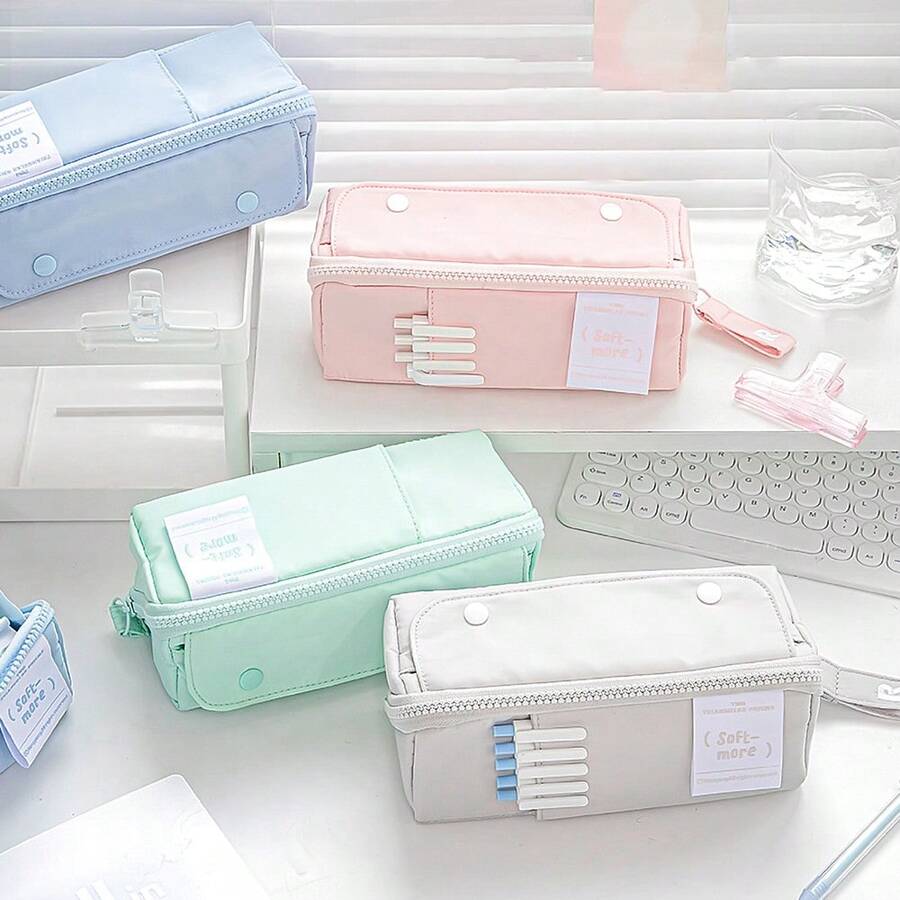 Rosyposy 1pc Cute Rectangular Multi-Pocket Pencil Case, Aesthetic Soft Color Large Opening Pencil Bag, Multi-Functional Student Cosmetic And School Stationery Desktop Storage Organizer
