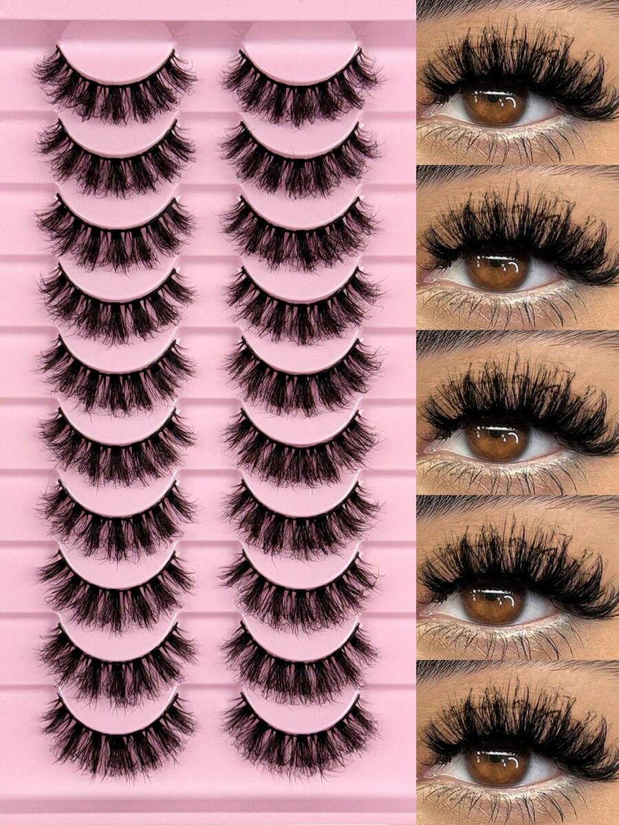 Hinarin 10对D卷翘蓬松假睫毛，浓密卷翘，丰盈效果，3D水貂毛假睫毛，纤细6D浓密假睫毛条，提升眼部轮廓，打造精致妆容。