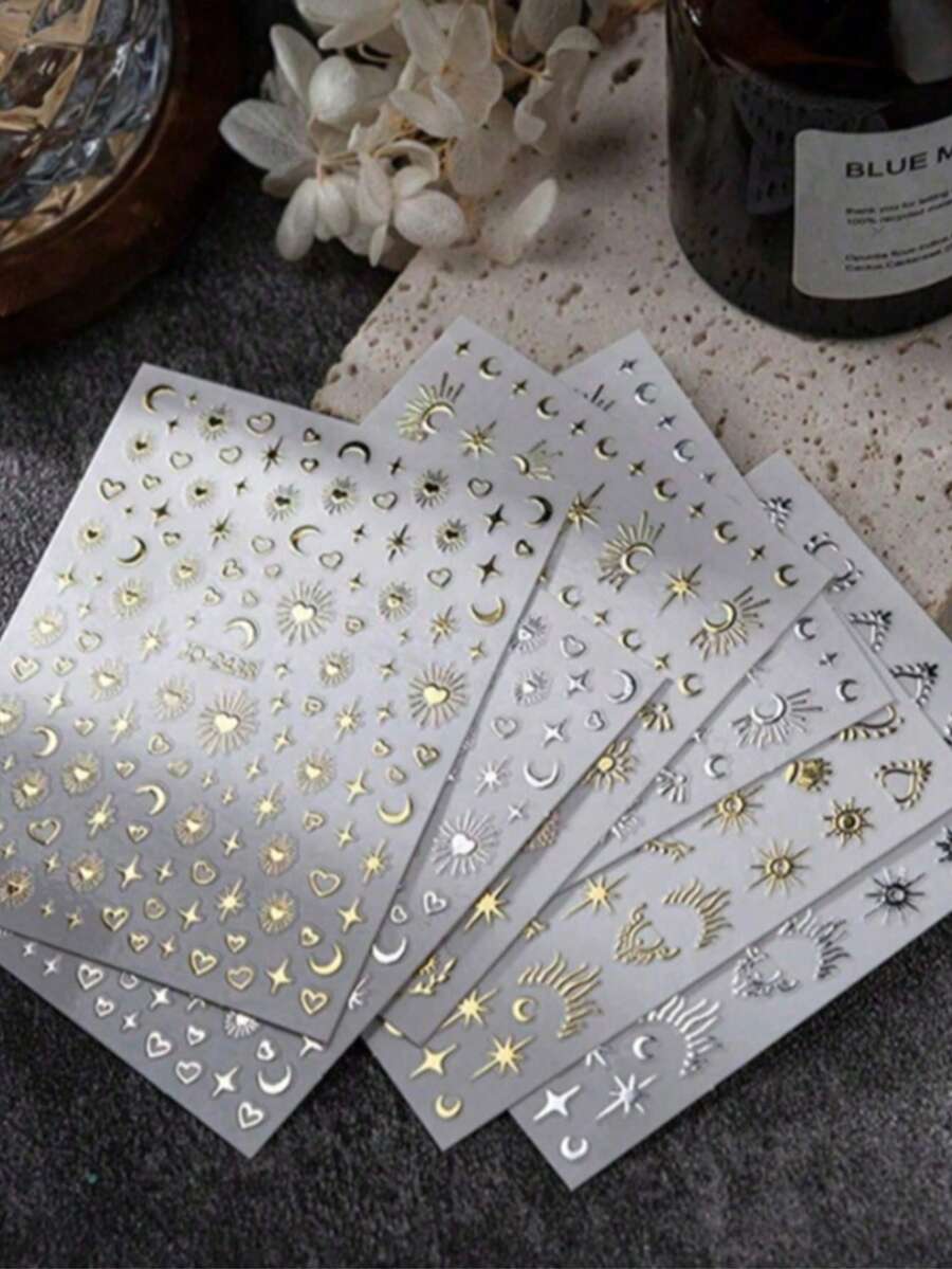 1 Sheet Minimalist Style Nail Art Stickers, Includes Stars, Moons, Patterns And Hearts - Multicolor - View 1