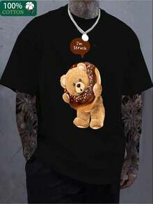 Playera casual hombre Camiseta de Hombre% Algodón con Estampado de Oso y Donut - Transpirable, Manga Corta, Cuello Redondo, Estilo Casual con Estampado I'Struck, Lavable aáquina pa - Negro - Ver 6