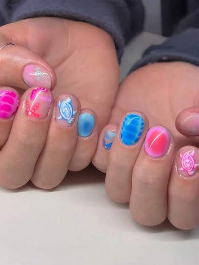 24pcs/Set Oval Spring/Summer Cute Pink & Blue Turtle, Starfish Printed Short Wear Fake Nails, Suitable For Hot Girls, Office Ladies, Parties, Dates And Daily Wear