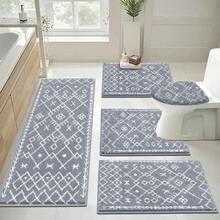 Pauwer Bathroom Rugs Sets 5 Piece With Lid Cover Bathroom Shower Rugs With U-Shaped Contour Toilet Mat Absorbent Microfiber Plush Bath Mats Non Slip Bath Rugs 4 Piece Machine Washable Bathroom Floor Mats - Light Grey Pattern - View 9
