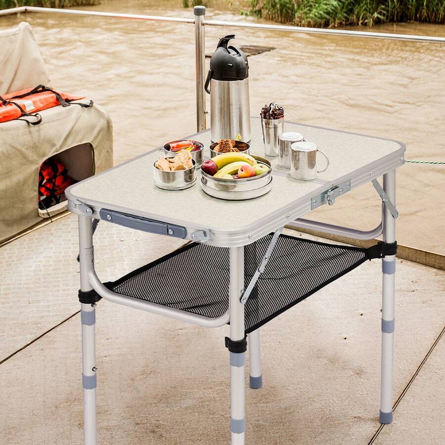 Outdoor Folding Camping Table, 2ft Portable Pinic Table With 3 Adjustable Height, Small Aluminum Foldable Lightweight Patio Side Table With Carry Handle For Outdoor Indoor Hiking Camp BBQ Beach, White - 白色 - 查看 1