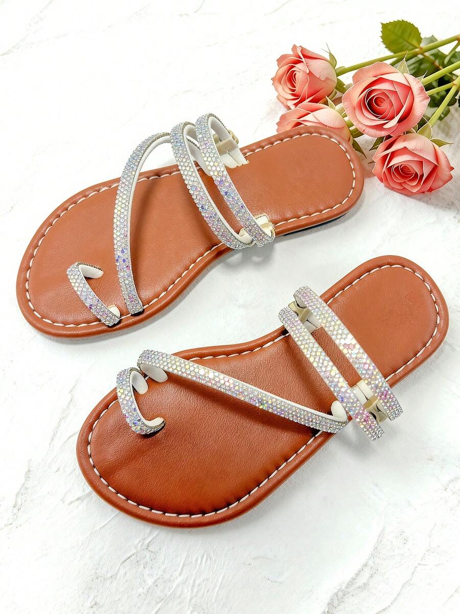 1 đôi dép xăng đan đế bằng chống trượt cho bé gái, thiết kế quai mảnh đính đá, thích hợp cho các hoạt động mùa hè, đám cưới, tiệc biển và mặc thường ngày. - màu nâu - Xem 1