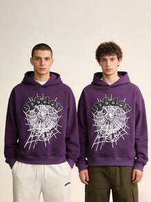 2-Piece SetSet Of Clothes And Pants ,Men's Oversized Hip Hop Spider Web Pattern Graphic Alphabet Print Harajuku Vintage Hoodie Long Sleeve Street Wear Top For Both Men - Màu tím*2 - Xem 3