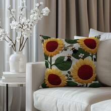 4件套3D向日葵印花毛绒抱枕套，柔软面料，饰有蜜蜂和雏菊图案，可水洗，45x45厘米，适用于卧室或客厅沙发（不含枕芯） - 彩色 - 查看 2