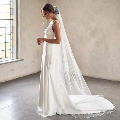 1 chiếc khăn voan cô dâu dáng dài, viền satin, kiểu nhà thờ, kèm lược cài tóc, thích hợp cho đám cưới, phụ kiện váy cưới, đạo cụ chụp ảnh, khăn voan dài phủ eo và hông, dài 100cm-200cm-300cm