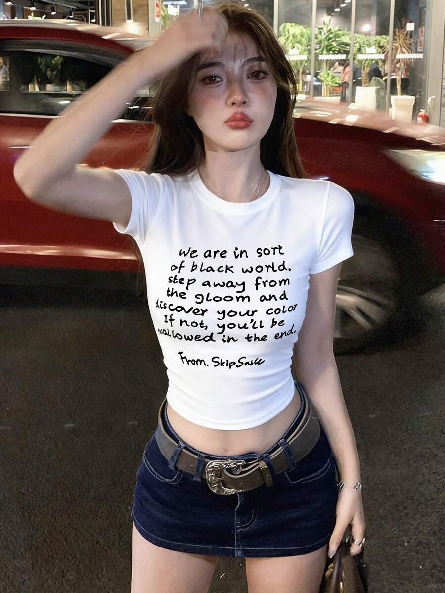 Women's Round Neck Short Sleeve T-Shirt, American Style Babe, Summer New Letter Print, Slim Fit Fashion Cropped Top Casual White - White - View 1