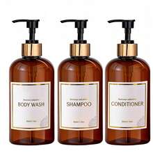 Bộ 3 bình đựng sữa tắm, dầu gội, dầu xả, sữa tắm và xà phòng trong suốt, có thể bơm lại, màu hổ phách, trang trí nhà cửa mùa thu, trang trí cho mùa tựu trường. - màu nâu - Xem 9