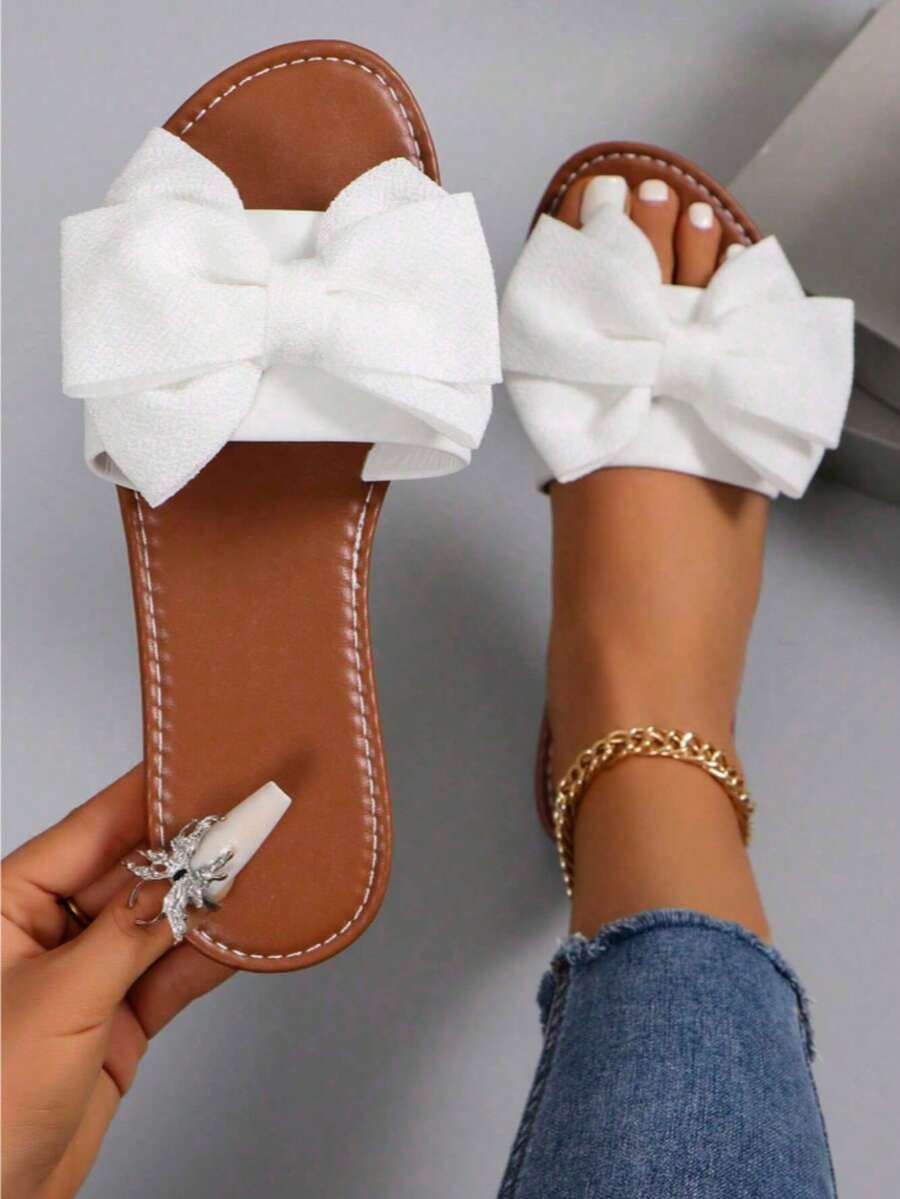 White Bow Open Toe Slides - Cute Summer Sandals For Women Women's Brown & White Bow Sandals - Comfort Flat Open Toe Shoes Cute Bow Decor Slides - Stylish Open Toe Sandals For Daily Wear Summer Bow Open Toe Sandals Flat Slides For Vacation Affordable White Bow Slides - Cute Open Toe Sandals For Women - 白色 - 查看 1