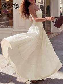 女士春夏新款奶油色无肩带A字飘逸连衣裙，优雅简约休闲，适合海滩度假、婚礼宾客、鸡尾酒会等场合 - 白色 - 查看 7