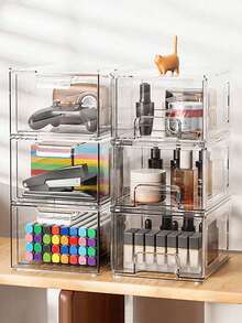 Juego de 6/4/2/1 piezas Organizador de Cajones de Acrílico Transparente Apilable - Caja de Almacenamiento de Cajones, Organizador de Escritorio, Contenedor de Almacenamiento a Prueba de Polvo para Baño, Estante de Cajones de Almacenamiento Apilable, Gabinete de Almacenamiento Multicapa | Transparente Visible, a Prueba de Polvo, Impermeable, Conveniente - Multicolor - Ver 3