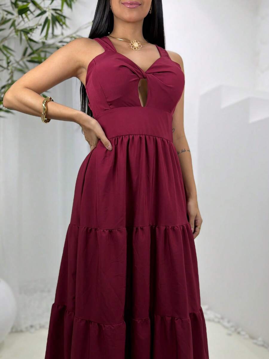 Women's Long Dress With Butterfly Knot - Marsala Smooth - View 1