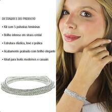 Women's Semi-Jewelry Set, 925 Sterling Silver Plated, Kit Of 5 Elastic Bracelets With Sparkling Rhinestones, Silver Finish - 水晶 - 查看 3