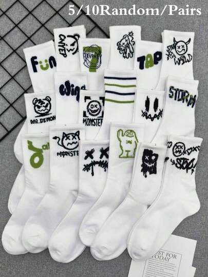 10 Pairs Random Men's Black & White Letter, Stripe, Dinosaur, Robot Printed Street Style Skateboard Socks, Suitable For Autumn/Winter