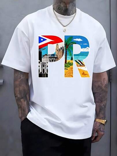 Áo thun nam tay ngắn cổ tròn in chữ và hình ảnh thành phố biển mùa hè