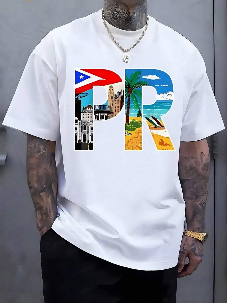 Áo thun nam tay ngắn cổ tròn in chữ và hình ảnh thành phố biển mùa hè - trắng - Xem 1