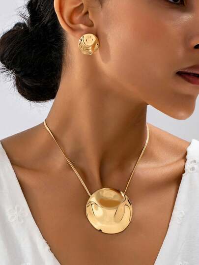 3件套时尚圆形波浪纹理项链耳环首饰套装，简约百搭，适合女性日常佩戴
