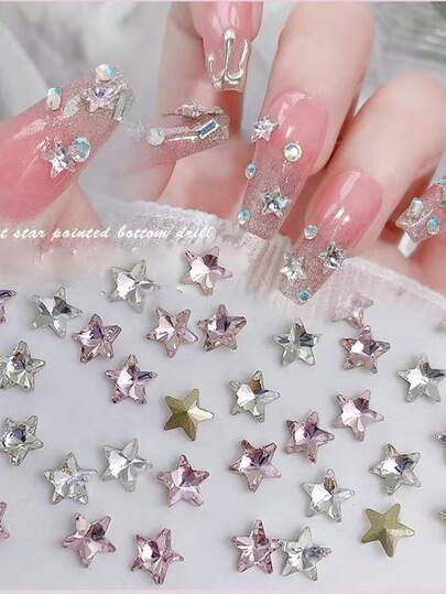20pcs White & Pink Pointed Bottom Shiny Star Nail Art Accessories, Glass Nail Decorations