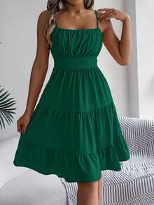 Spring/Summer Casual Pleated Strap Cami Mini Dress Vacation Style Party - Dark Green - View 4