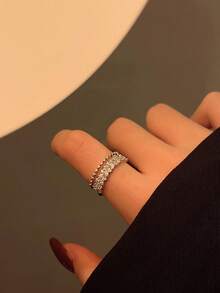 1pc Exquisite Luxury Sparkling Double-Layer Zirconia Starry Sky Open Ring, Unique Design Elegant Charm For Women - Silver - View 2