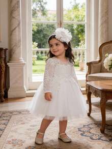 Baby Girls' Pink Long Sleeve Elegant Tulle Princess Dress, Suitable For Parties - White - View 10