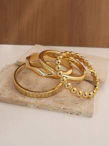 4pcs Metallic Bangle Bracelet Set, Golden Tone Bracelets, Everyday Wear For Women - Gold - View 3
