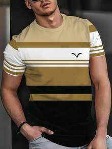 Fashionable Striped Men's Round Neck T-Shirt: Perfect Blend Of Comfort And Style, Casual Versatile Top, 100% Polyester, Lightweight Fabric, Suitable For Summer Wear - Multicolor - View 4