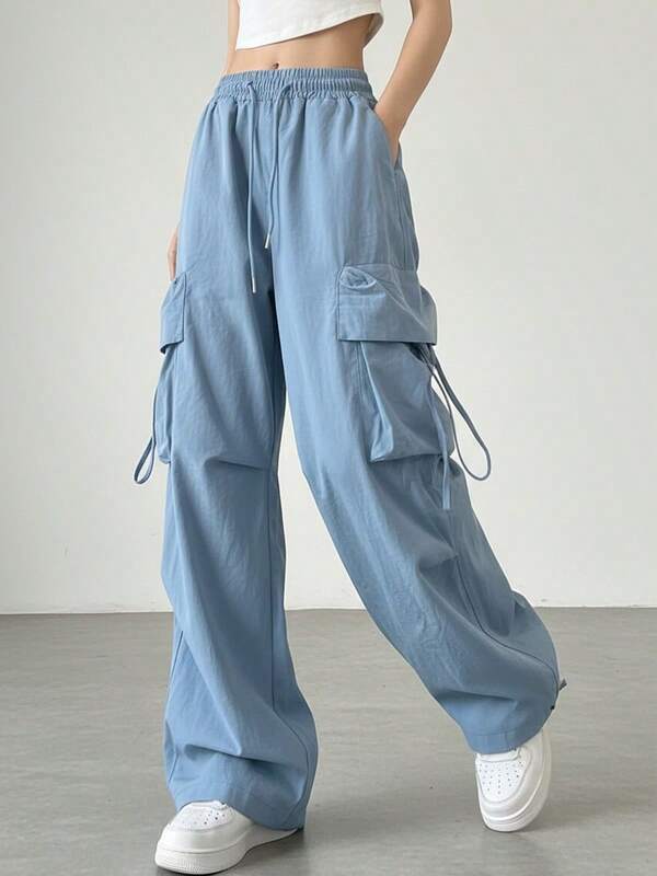 Pantalones Cargo para mujer ropa de calle de cintura alta chándal holgados con cordón y bolsillos grandes de informales