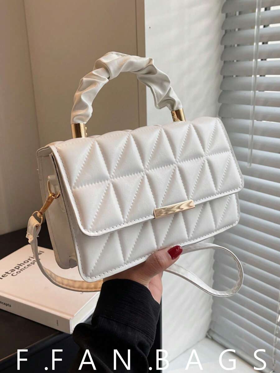 纯色PU皮革拼接蝴蝶结设计翻盖方形斜挎包，适合女性日常通勤、购物、旅行、聚会、闺蜜之夜、节日庆典、生日礼物及派对等场合。 - 白色 - 查看 1