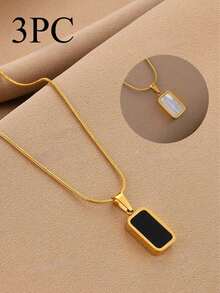 1pc Black & White Shell Double-Sided Pendant, Titanium Steel Minimalist Jewelry, Snake Bone Chain Necklace, Gold Plated Unisex - Gold - View 7