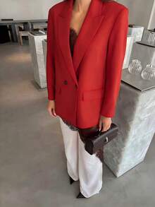 2026春夏红色职业女士西装外套，时尚优雅圣诞新年派对休闲薄款纯色商务双排扣西装夹克 - 紅色 - 查看 3