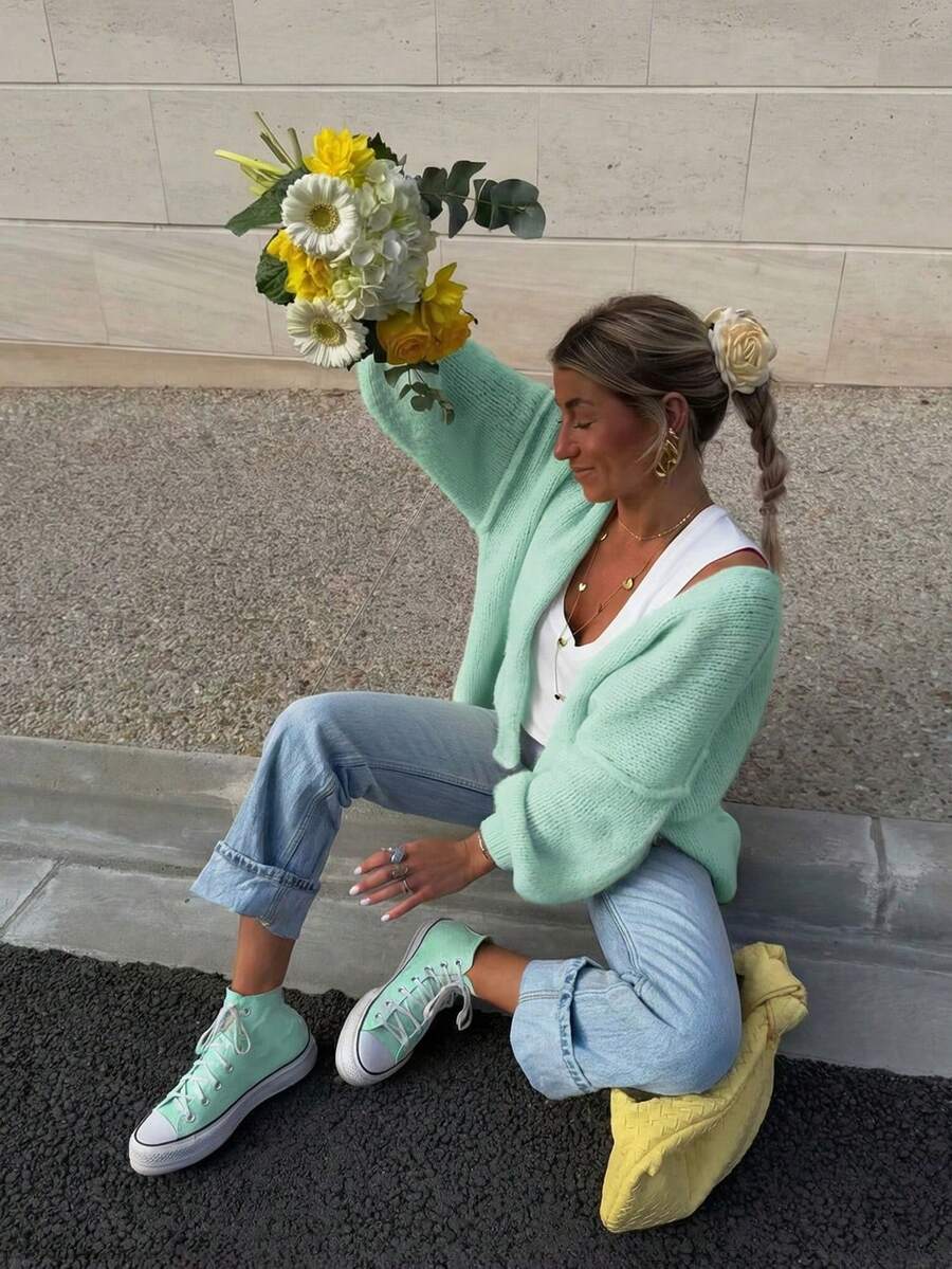 Cardigan Rajut Kasual dengan Desain Bahu Jatuh Longgar yang Cerah, Gaya Energik untuk Wanita, Musim Gugur/Dingin - Mint Green - View 1