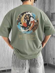 FRACTYR 男士夏季休闲街头时尚宽松复古赛车车库反光印花设计宽松圆领短袖休闲T恤 - 橄欖綠 - 查看 2