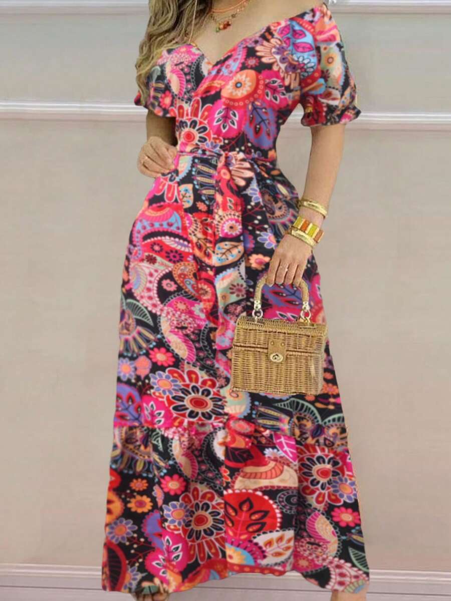 Đầm dài dáng bohemian cổ chữ V in họa tiết xẻ cao, đầm thường ngày thanh lịch dành cho nữ mùa hè và kỳ nghỉ. - Màu Hồng Tươi - Xem 1